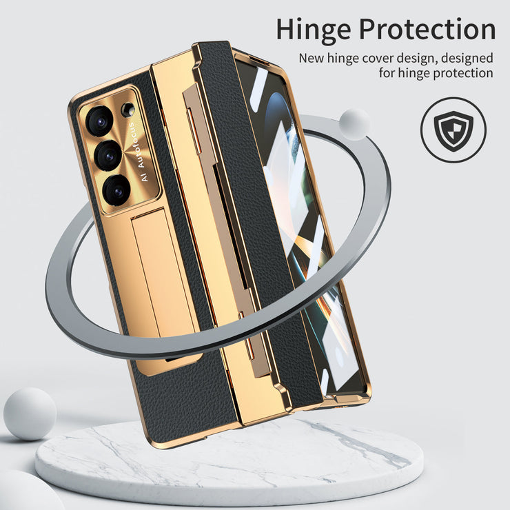 Luxury Leather Magnetic Bracket Shell Electroplated Phone Case For Samsung Galaxy Z Fold Series