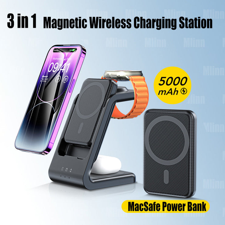 3 In 1 Magnetic Wireless Charger With Power Bank MagSafe External Auxiliary Battery